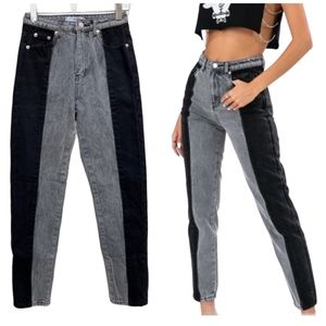 Adika Nori Color Block Mom High Rise Black Gray Straight Leg 90s Acid Wash Jean